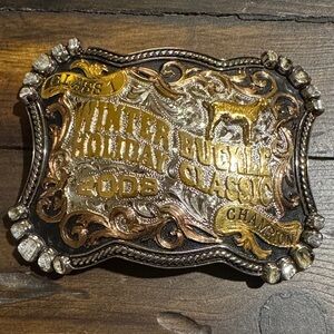 Western-Style Gold & Silver Championship Belt Buckle with Rhinestones